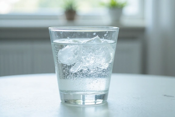 Bicchiere d'acqua fresca con gocce di condensa su una superficie. Simboleggia l'idratazione e la purezza.
