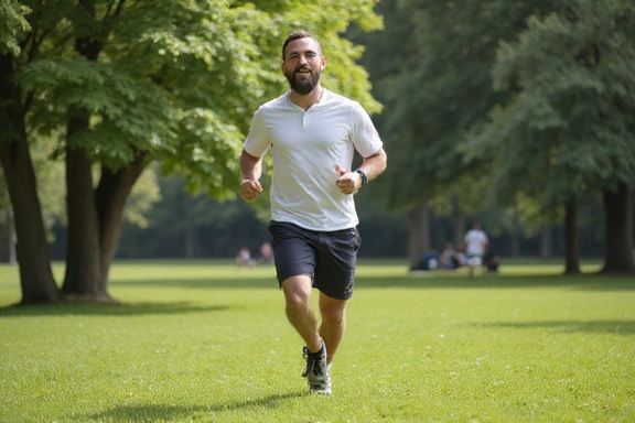Uomo che corre all'aperto in un parco, in un ambiente naturale.