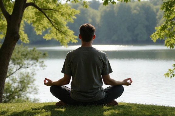 Uomo che pratica meditazione all'aperto, in un ambiente tranquillo e naturale.