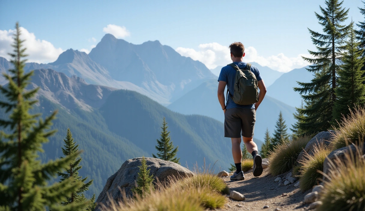 Uomo che fa escursioni in montagna, godendosi la natura e l'aria fresca, simbolo di benessere e attività fisica.