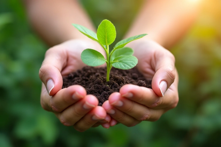 Mani che tengono una pianta verde in un contesto naturale