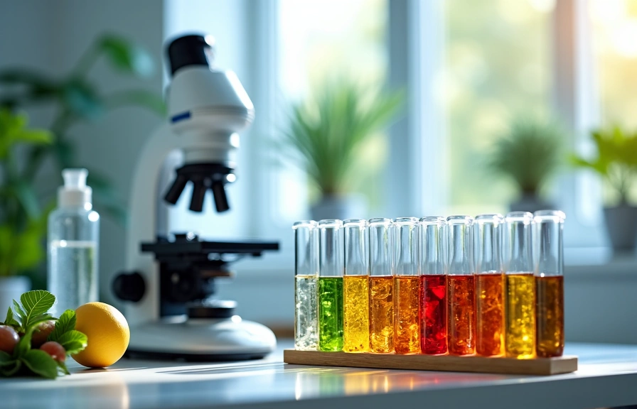 Microscopio e provette con estratti naturali in un laboratorio moderno