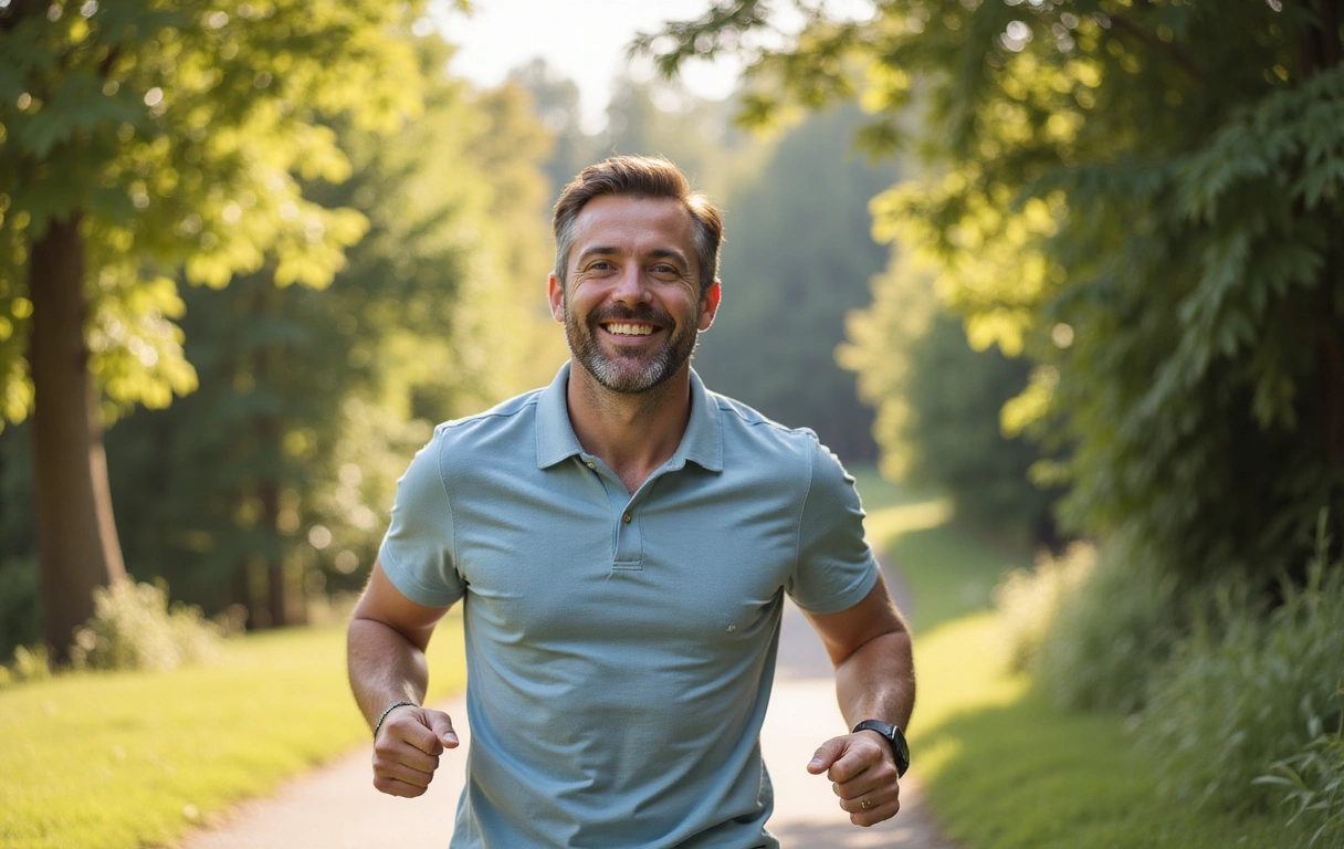 Uomo dinamico e sano in un ambiente naturale che emana energia e vitalità.