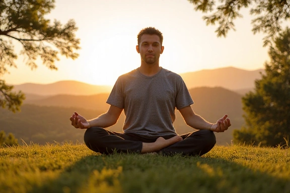 Uomo che pratica yoga all'aperto, simbolo di benessere e armonia.