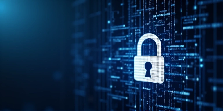 Icona di sicurezza dei dati con un lucchetto stilizzato su uno sfondo digitale sfocato