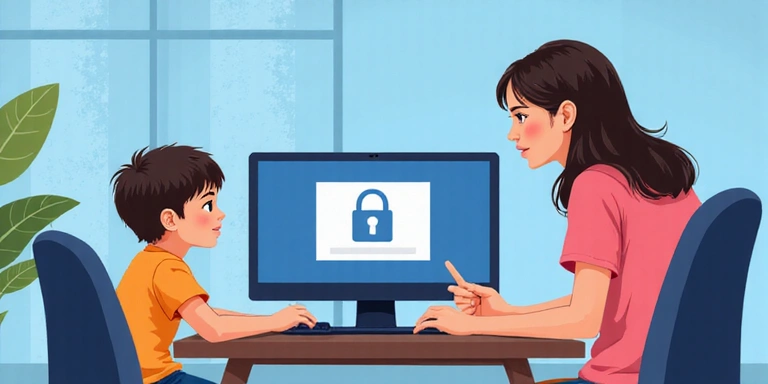 Illustrazione di un genitore che insegna a un bambino l'uso sicuro di Internet
